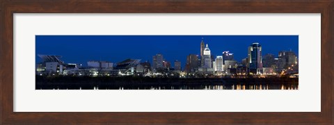 Framed Cincinnati skyline and John A. Roebling Suspension Bridge at twilight from across the Ohio River, Hamilton County, Ohio, USA Print