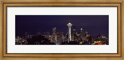 Framed Skyscrapers and Space Needle Lit Up at Night Print