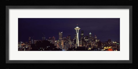 Framed Skyscrapers and Space Needle Lit Up at Night Print