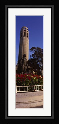 Framed Statue of Christopher Columbus in front of a tower, Coit Tower, Telegraph Hill, San Francisco, California, USA Print