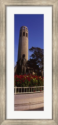 Framed Statue of Christopher Columbus in front of a tower, Coit Tower, Telegraph Hill, San Francisco, California, USA Print