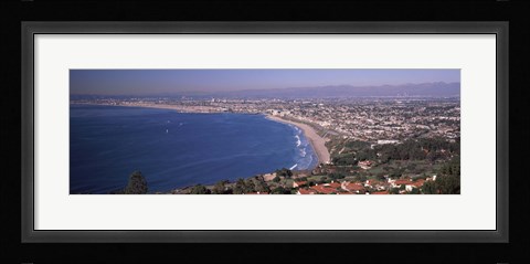 Framed Aerial view of a city at coast, Santa Monica Beach, Beverly Hills, Los Angeles County, California, USA Print