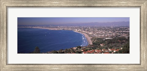 Framed Aerial view of a city at coast, Santa Monica Beach, Beverly Hills, Los Angeles County, California, USA Print