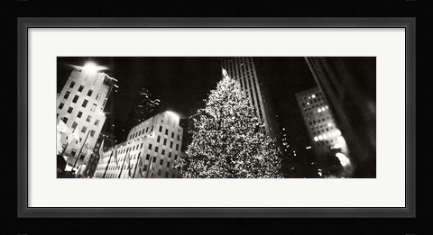 Framed Christmas tree lit up at night, Rockefeller Center, Manhattan (black and white) Print