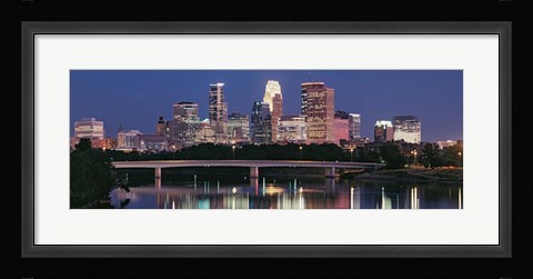 Framed Buildings lit up at night in a city, Minneapolis, Mississippi River, Hennepin County, Minnesota, USA Print