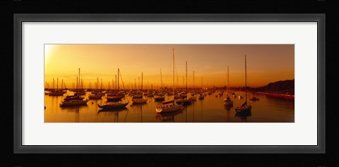 Framed Boats moored at a harbor at dusk, Chicago River, Chicago, Cook County, Illinois, USA Print
