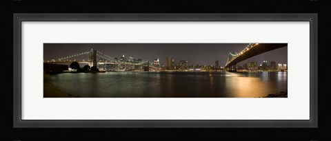 Framed Brooklyn Bridge and Manhattan Bridge across East River at night, Manhattan, New York City, New York State, USA Print