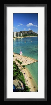 Framed Aerial view of a beach, Diamond Head, Waikiki Beach, Oahu, Honolulu, Hawaii, USA Print