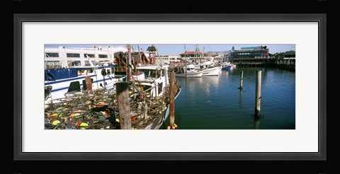 Framed Fishing boats at a dock, Fisherman's Wharf, San Francisco, California, USA Print