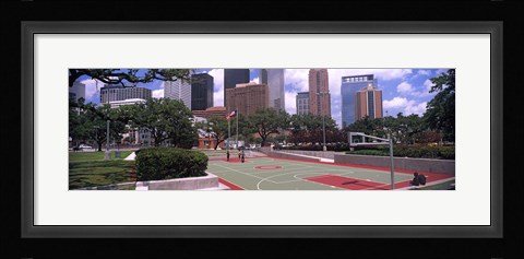 Framed Basketball court with skyscrapers in the background, Houston, Texas Print