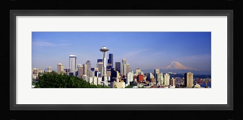 Framed Skyscrapers with mountain in the background, Mt Rainier, Mt Rainier National Park, Space Needle, Seattle, Washington State, USA Print