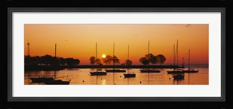 Framed Silhouette of sailboats in a lake, Lake Michigan, Chicago, Illinois, USA Print