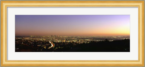 Framed Aerial view of buildings in a city at dusk from Hollywood Hills, Hollywood, City of Los Angeles, California, USA Print