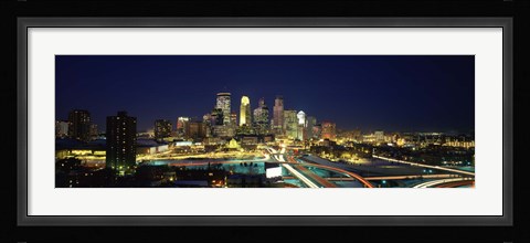 Framed Buildings lit up at night in a city, Minneapolis, Hennepin County, Minnesota, USA Print