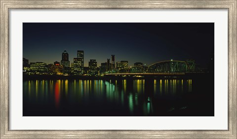 Framed Buildings lit up at night, Willamette River, Portland, Oregon, USA Print