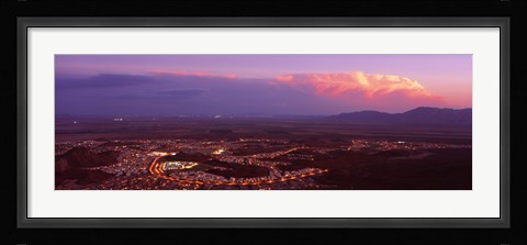 Framed Aerial view of a city lit up at sunset, Phoenix, Maricopa County, Arizona, USA Print