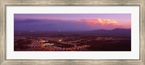 Framed Aerial view of a city lit up at sunset, Phoenix, Maricopa County, Arizona, USA Print