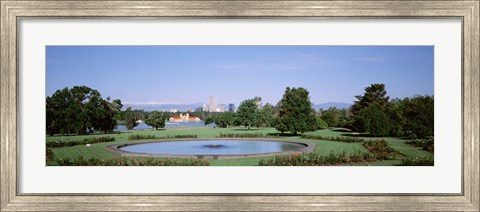 Framed Formal garden in City Park with city and Mount Evans in background, Denver, Colorado, USA Print