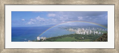 Framed Rainbow Over A City, Waikiki, Honolulu, Oahu, Hawaii, USA Print