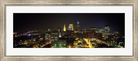 Framed Aerial view of a city lit up at night, Cleveland, Ohio, USA Print