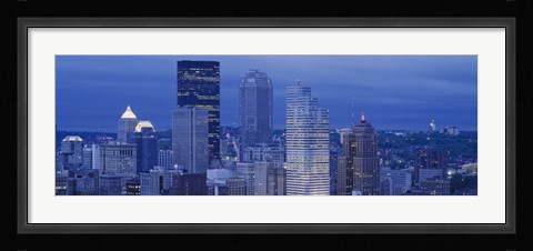 Framed High angle view of skyscrapers lit up at dusk, Pittsburgh, Pennsylvania, USA Print