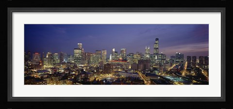 Framed High Angle View Of Buildings Lit Up At Dusk, Chicago, Illinois, USA Print