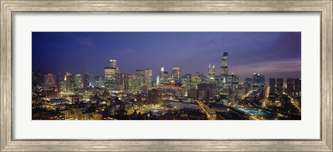 Framed High Angle View Of Buildings Lit Up At Dusk, Chicago, Illinois, USA Print