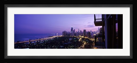 Framed High angle view of a city at night, Lake Michigan, Chicago, Cook County, Illinois, USA Print