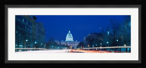 Framed Government building lit up at dusk, Capitol Building, Pennsylvania Avenue, Washington DC, USA Print