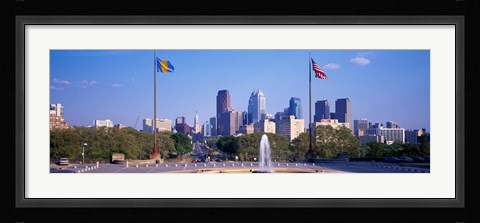 Framed Fountain at art museum with city skyline, Philadelphia, Pennsylvania, USA Print