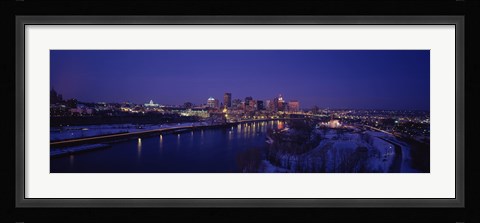 Framed Reflection of buildings in a river at night, Mississippi River, Minneapolis and St Paul, Minnesota, USA Print