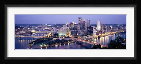 Framed Buildings in a city lit up at dusk, Pittsburgh, Allegheny County, Pennsylvania, USA Print