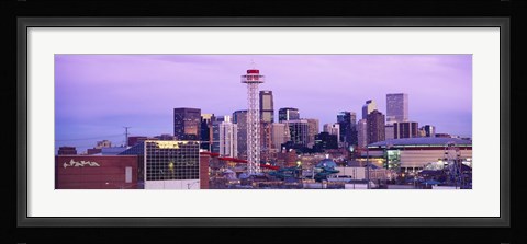 Framed Building lit up at dusk, Denver, Colorado, USA Print