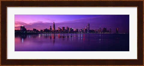 Framed Buildings at the waterfront lit up at dusk, Sears Tower, Hancock Building, Lake Michigan, Chicago, Cook County, Illinois, USA Print
