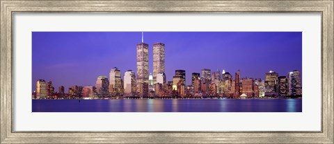 Framed Buildings at the waterfront lit up at dusk, World Trade Center, Wall Street, Manhattan, New York City, New York State, USA Print