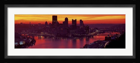 Framed Silhouette of buildings at dawn, Three Rivers Stadium, Pittsburgh, Allegheny County, Pennsylvania, USA Print