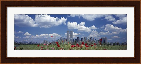 Framed Red Flowers in a park with buildings in the background, Manhattan Print