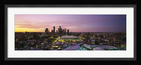 Framed Skyscrapers lit up at sunset, Minneapolis, Minnesota, USA Print