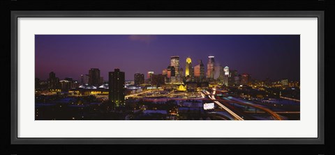 Framed Skyscrapers lit up at dusk, Minneapolis, Minnesota, USA Print