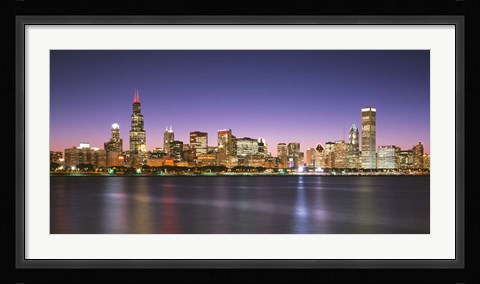 Framed Skyscrapers lit up at night at the waterfront, Lake Michigan, Chicago, Cook County, Illinois, USA Print