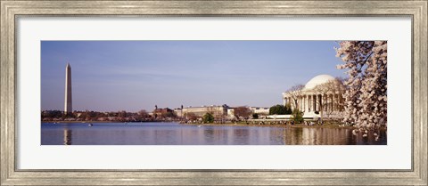 Framed USA, Washington DC, Washington Monument and Jefferson Memorial, Tourists outside the memorial Print