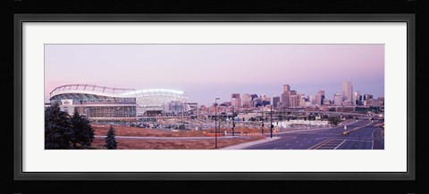 Framed USA, Colorado, Denver, Invesco Stadium, Skyline at dusk Print