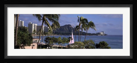 Framed Palm trees on Waikiki Beach, Oahu, Honolulu, Hawaii Print