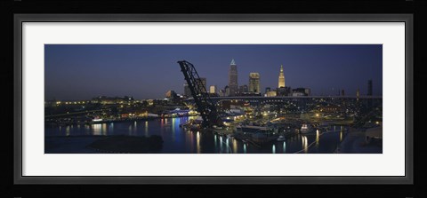 Framed Skyscrapers lit up at night in a city, Cleveland, Ohio, USA Print
