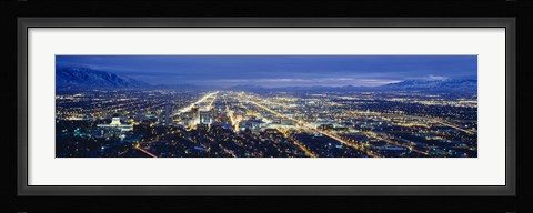 Framed Aerial view of a city lit up at dusk, Salt Lake City, Utah, USA Print