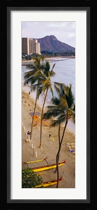 Framed High angle view of tourists on the beach, Waikiki Beach, Honolulu, Oahu, Hawaii, USA Print