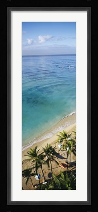 Framed High angle view of palm trees with beach umbrellas on the beach, Waikiki Beach, Honolulu, Oahu, Hawaii, USA Print