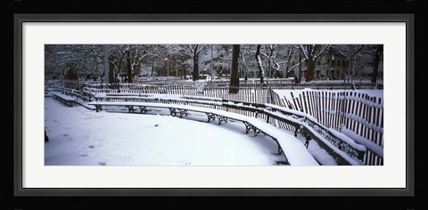 Framed Snowcapped benches in a park, Washington Square Park, New York City Print
