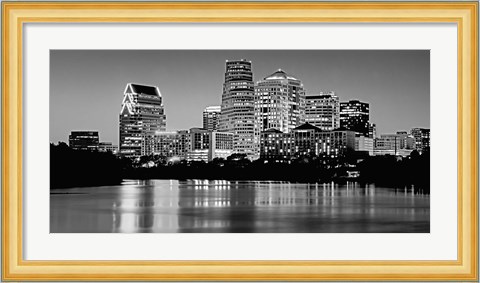Framed USA, Texas, Austin, Panoramic view of a city skyline (Black And White) Print