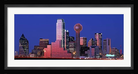 Framed USA, Texas, Dallas, Panoramic view of an urban skyline at night Print